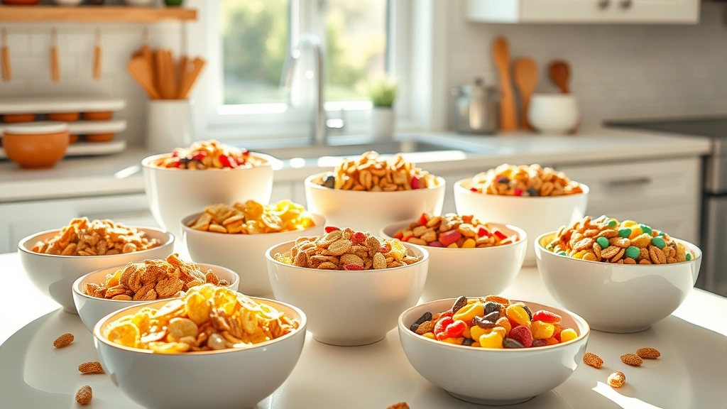 Colorful array of breakfast cereals in white bowls on bright kitchen counter, morning sunlight streaming through window, fresh and inviting aesthetic, no packaging visible, focus on cereal textures and colors