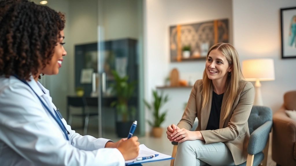 Registered dietitian taking notes during nutrition consultation with client in modern healthcare office, warm lighting, diverse representation, professional and approachable atmosphere, no medical charts visible