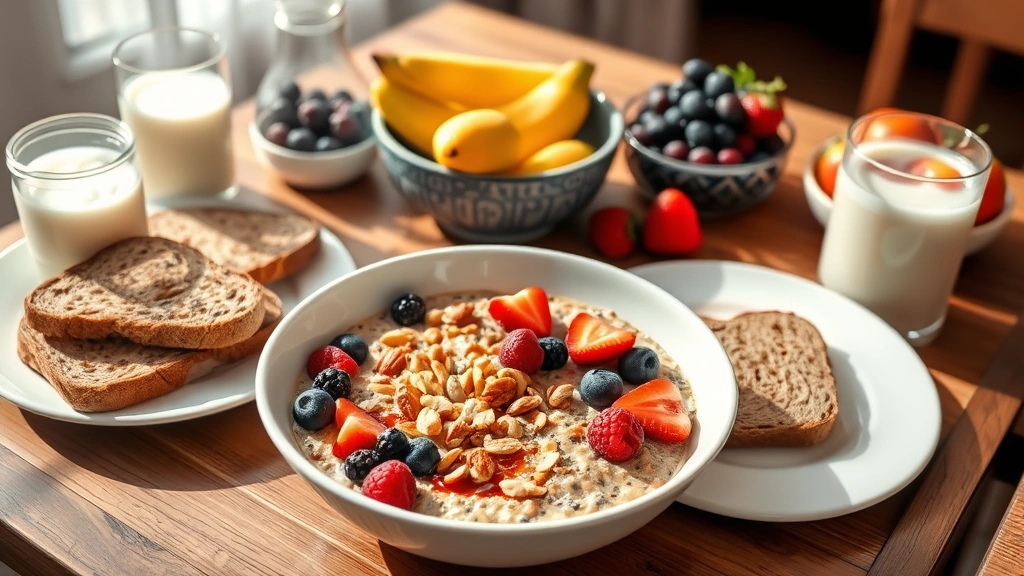 Nutritious breakfast spread featuring oatmeal bowl with berries and nuts, eggs, whole grain toast, fresh fruit, and milk glass arranged artfully on wooden table, natural morning lighting, abundant and wholesome appearance