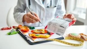 A professional nutritionist reviewing colorful candy wrappers and nutrition labels on a clean white desk with clipboard and measuring tape, natural daylight, close-up shot