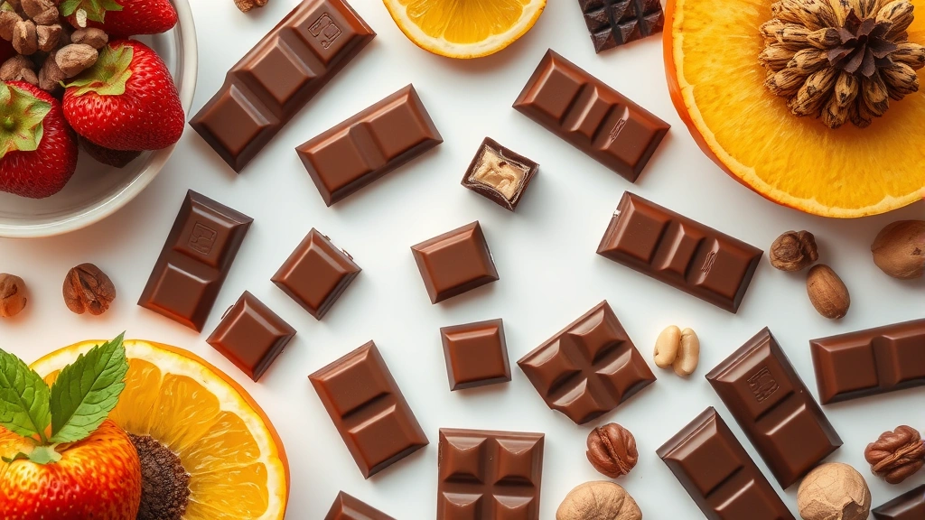 Overhead flat lay of various mini chocolate candy bars arranged in a pattern with fresh fruits and nuts nearby, bright studio lighting, shallow depth of field
