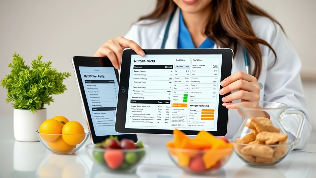 A registered dietitian pointing to a detailed nutrition facts chart displayed on a digital tablet, with healthy snack alternatives visible on a table beside her, professional healthcare setting
