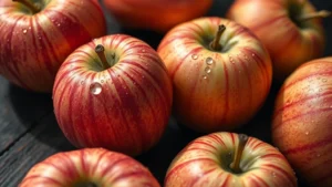 Close-up of fresh gala apples with vibrant red-orange striped skin, morning dew droplets, arranged on dark wooden surface with soft natural lighting emphasizing texture and color variation