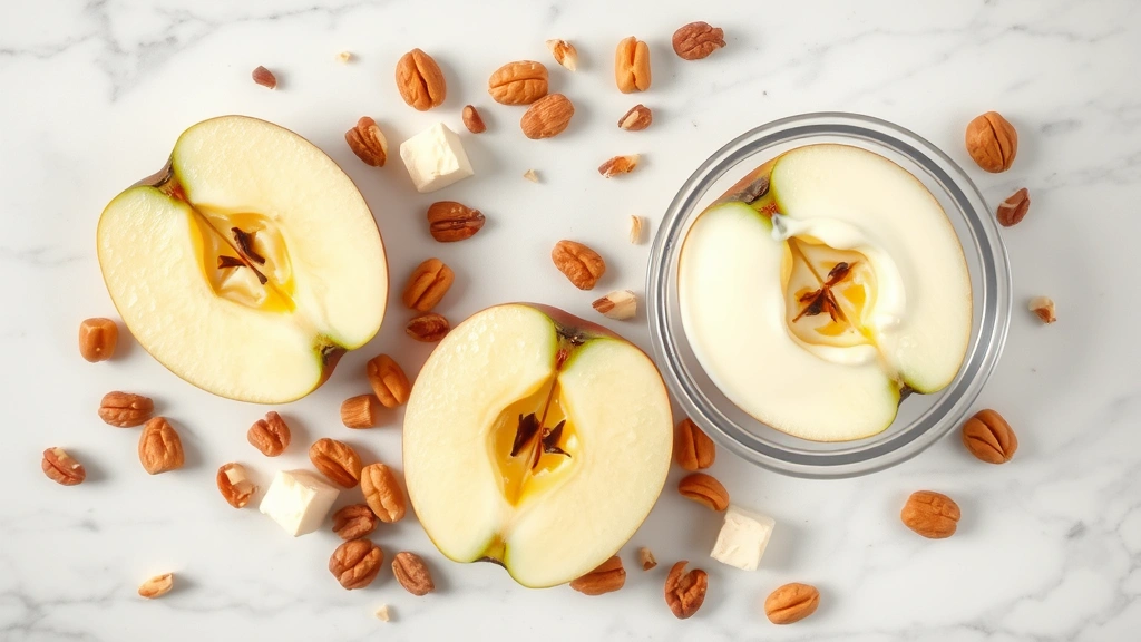Overhead flat lay of sliced gala apple halves showing white flesh, surrounded by scattered nuts, cheese cubes, and yogurt in glass bowl on marble countertop