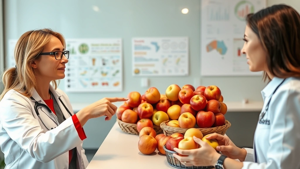 Nutritionist or dietitian pointing to gala apples during consultation, modern clinic setting with nutrition charts visible, professional healthcare environment, diverse representation
