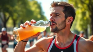 Athlete drinking sports beverage during outdoor marathon run on sunny day, sweat visible on face and athletic wear, natural lighting emphasizing hydration moment