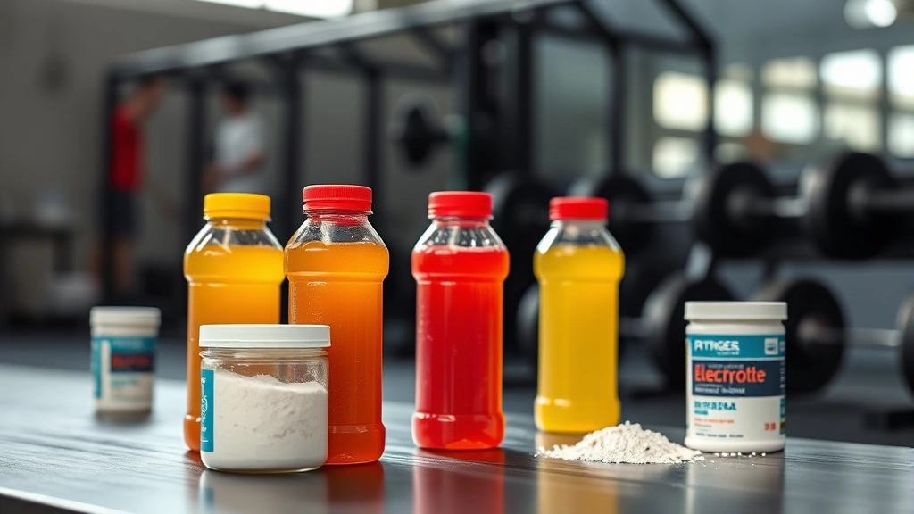 Close-up of various colorful sports drink bottles on athletic training table, electrolyte powder containers nearby, fitness equipment blurred in background