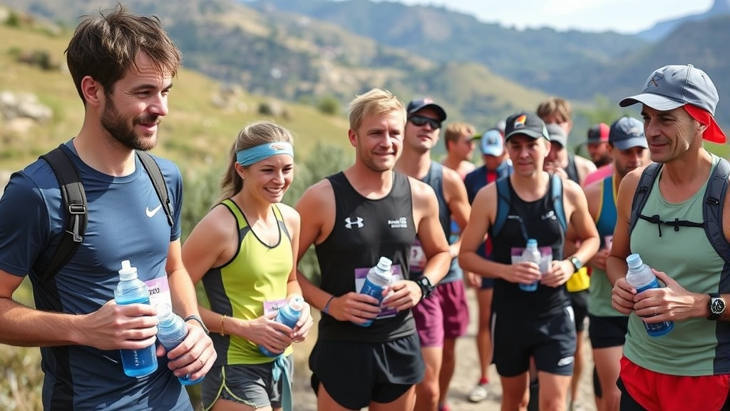 Diverse group of endurance athletes at water station during trail running event, multiple runners holding hydration bottles, outdoor natural landscape background
