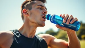 Professional athlete drinking from blue sports beverage bottle during intense outdoor training session, sweat visible, dynamic action shot, sunny conditions