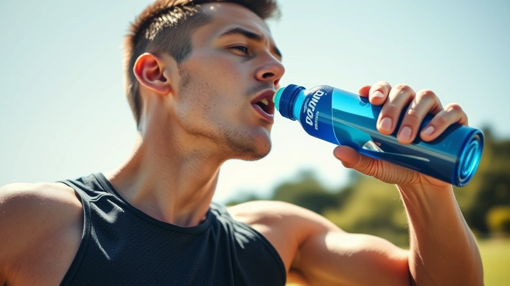 Professional athlete drinking from blue sports beverage bottle during intense outdoor training session, sweat visible, dynamic action shot, sunny conditions