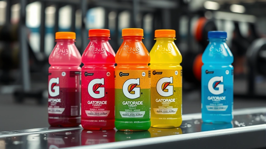 Close-up of colorful sports drink bottles on athletic training bench with water droplets, various Gatorade formulations displayed, fitness environment background