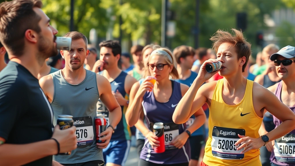 Diverse group of runners hydrating with sports beverages during outdoor marathon event, race bibs visible, natural lighting, urban running route setting