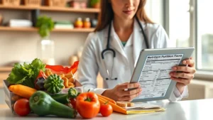 Dietitian reviewing nutrition labels on packaged snacks with tablet and fresh vegetables on desk, professional healthcare setting, warm natural lighting