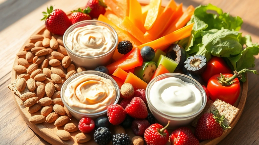 Colorful array of healthy snacks including almonds, fresh berries, hummus, vegetables, yogurt, and whole grain crackers arranged on wooden surface with sunlight