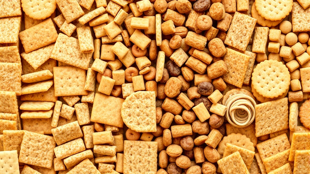Close-up of various crackers and snacks arranged in comparison rows showing different textures and colors, emphasizing whole grain versus processed options