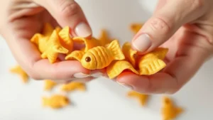 Close-up of hands holding individual goldfish crackers on white background with soft natural light, showing texture and color detail