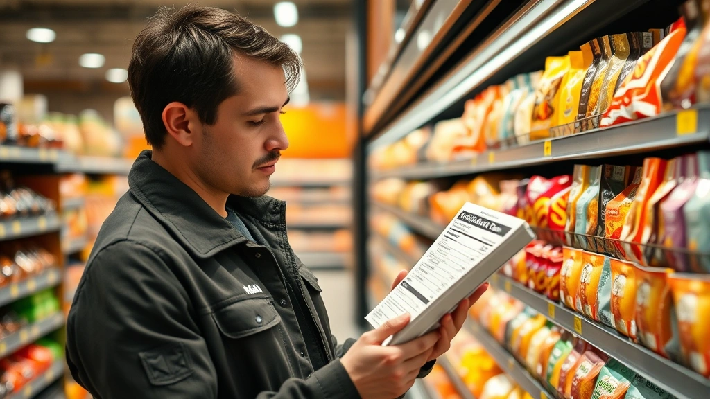 Person examining packaged snack label in grocery store, comparing nutrition information with focused expression and neutral lighting