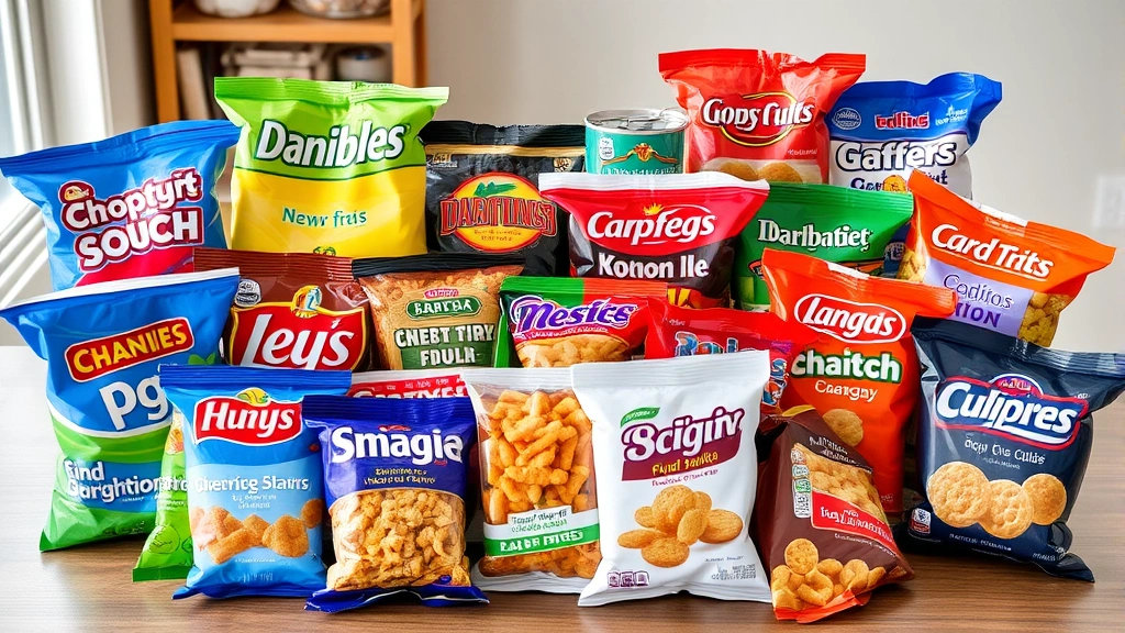 Variety of snack foods arranged on table showing different package labels and nutritional diversity, natural lighting