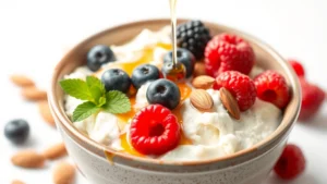 Professional food photography of creamy cottage cheese texture with vibrant fresh berries, almonds, and honey drizzle in ceramic bowl, natural morning light, clean white background, high-resolution, appetizing presentation, no text or labels visible