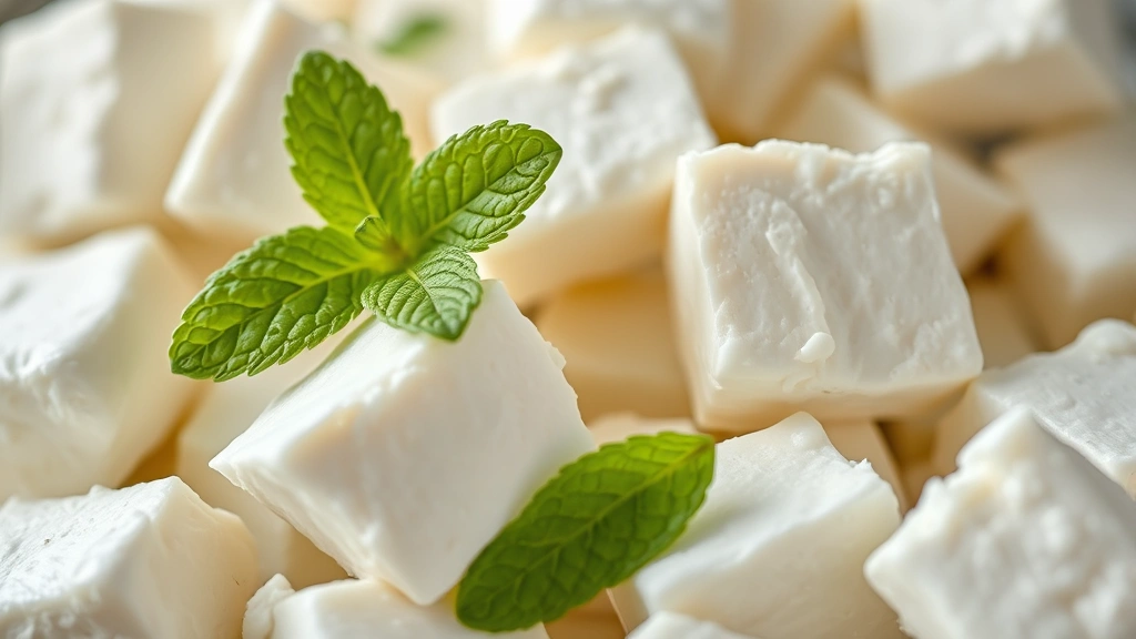 Close-up macro photography of cottage cheese curds with smooth texture, fresh mint leaf garnish, soft diffused lighting, shallow depth of field, professional culinary style, photorealistic, no visible text or branding