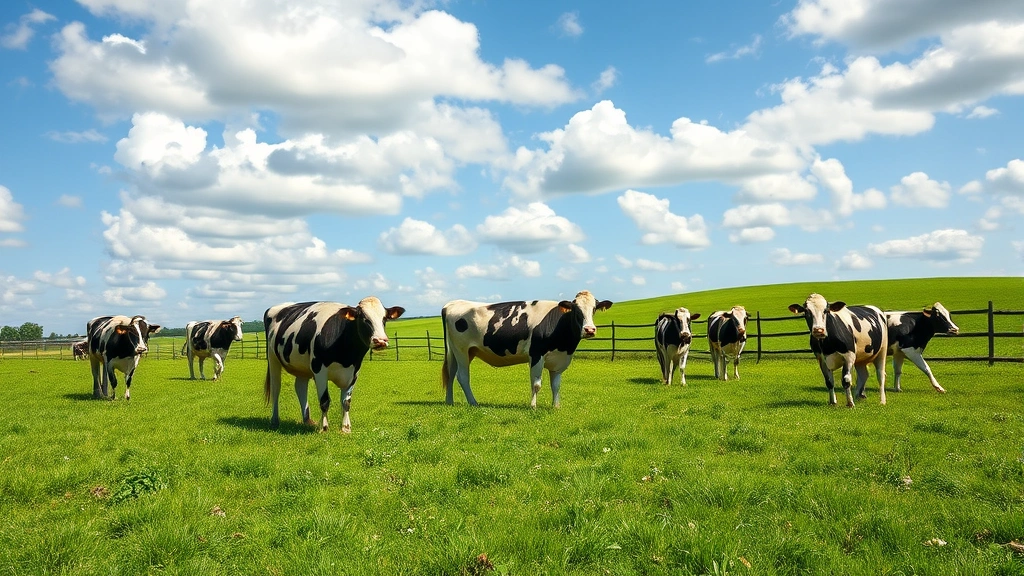 Wide pastoral landscape of organic dairy farm with healthy Holstein cows grazing in lush green meadow, blue sky with clouds, wooden fence, natural daylight, serene agricultural setting, no people or signs visible, photorealistic composition