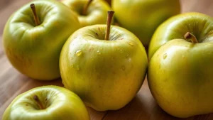 Vibrant close-up of fresh Granny Smith apples displaying glossy green skin with water droplets, arranged on natural wooden surface with soft diffused lighting, photorealistic