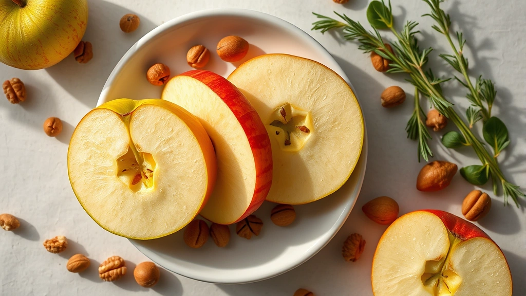 Overhead flat lay composition showing sliced Granny Smith apple cross-sections on white ceramic plate with scattered nuts and fresh herbs, natural morning light, photorealistic