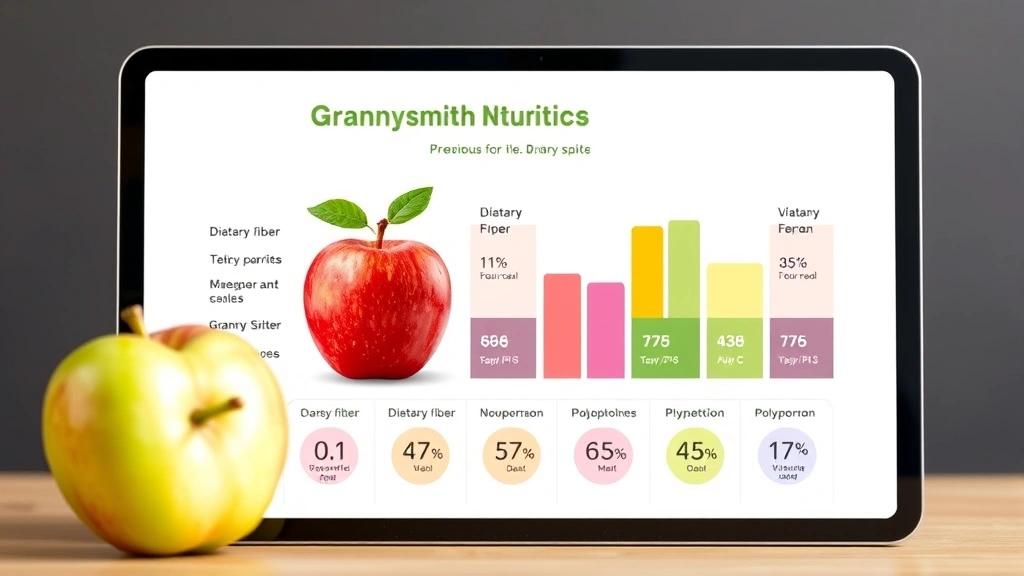 Colorful nutritional infographic visualization displayed on modern tablet screen showing dietary fiber, vitamins, polyphenol content metrics for Granny Smith apples, clean contemporary design