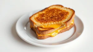 Professional food photography showing a freshly prepared grilled cheese sandwich with golden-brown bread, melted cheese visible at edges, cut diagonally on white ceramic plate, soft natural lighting, minimalist background, shallow depth of field focusing on sandwich cross-section