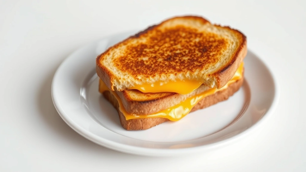 Professional food photography showing a freshly prepared grilled cheese sandwich with golden-brown bread, melted cheese visible at edges, cut diagonally on white ceramic plate, soft natural lighting, minimalist background, shallow depth of field focusing on sandwich cross-section
