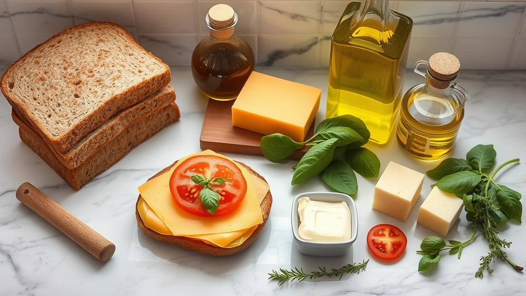 Flat lay composition of grilled cheese ingredients: whole grain bread slices, aged cheddar cheese block, olive oil bottle, fresh tomato slices, spinach leaves, butter, and herbs arranged artfully on marble countertop with warm natural window lighting