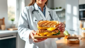 Professional nutritionist in modern bright kitchen holding a perfectly melted grilled cheese sandwich on a wooden cutting board, wearing white lab coat, natural lighting from windows, fresh ingredients visible nearby including whole grain bread and cheese