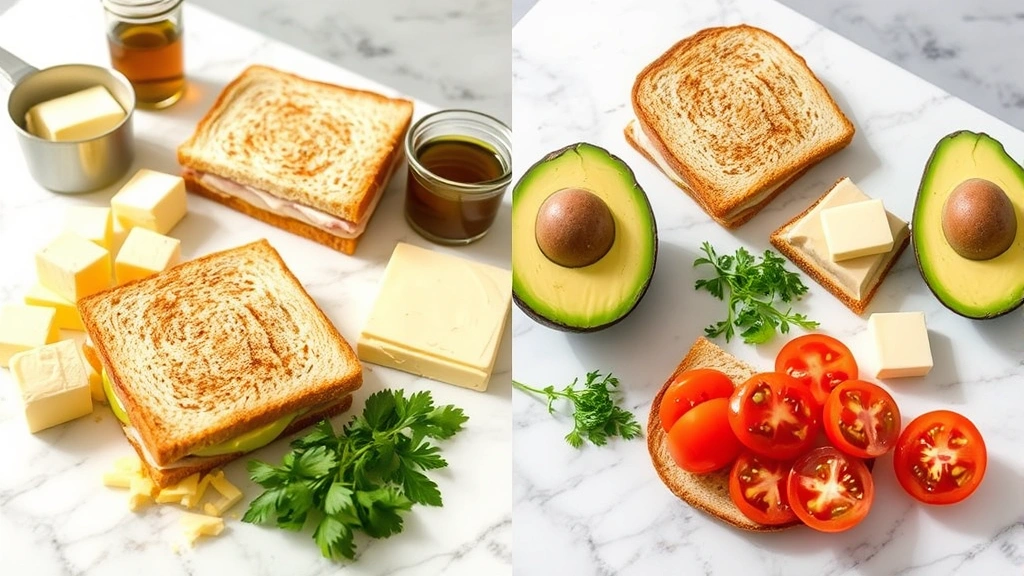 Split-screen comparison showing traditional grilled cheese ingredients on left side (butter, white bread, processed cheese) versus healthier ingredients on right side (olive oil, whole grain bread, fresh tomatoes, avocado, sharp cheddar), arranged on marble countertop with natural daylight