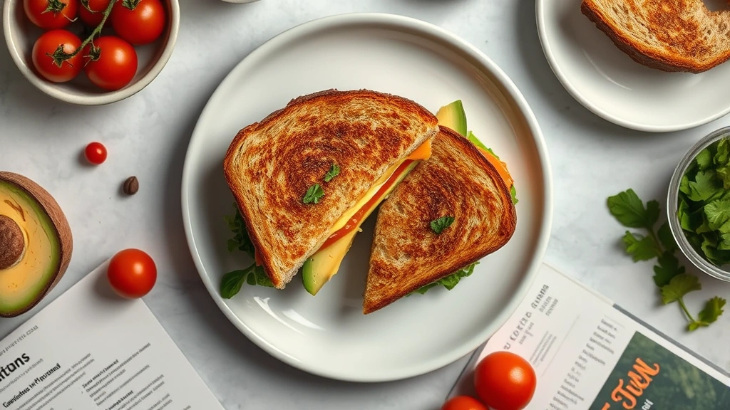 Overhead flat lay of a gourmet modified grilled cheese sandwich cut diagonally on white ceramic plate with tomato slices, avocado, fresh greens, and whole grain bread visible, surrounded by fresh ingredients and nutritional reference materials, warm ambient lighting