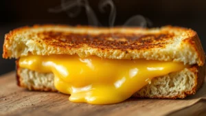 Close-up of melted golden cheddar cheese between toasted bread slices, steam rising, artisanal presentation, warm lighting, no text or labels visible