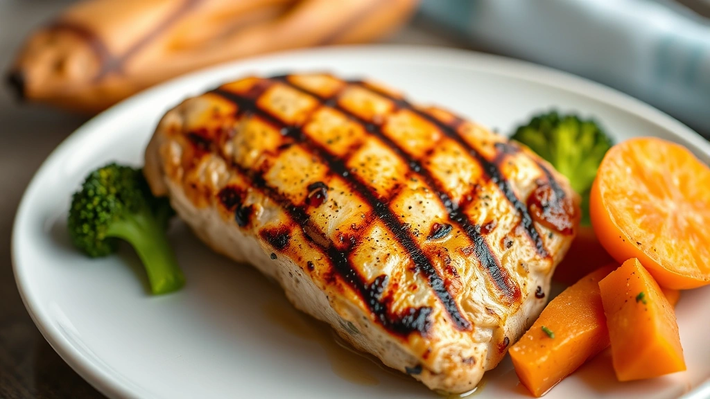 Professional food photographer capturing a perfectly grilled chicken breast fillet on a white ceramic plate with grill marks visible, surrounded by fresh colorful vegetables including broccoli and sweet potato, bright natural lighting, shallow depth of field, minimalist plating style, no text or labels visible