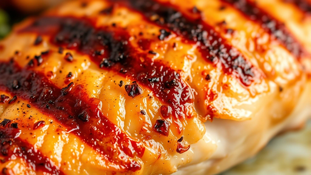 Close-up macro photography of grilled chicken breast texture showing protein fiber structure and caramelized surface from grilling, steam rising, professional kitchen lighting, clean background, photorealistic detail, no visible text or interface elements
