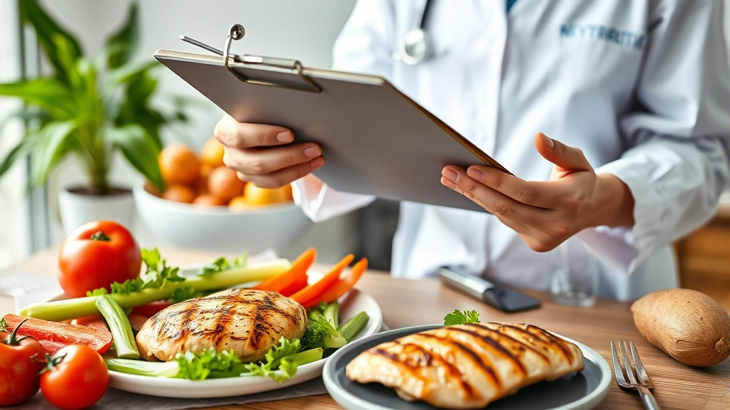 Nutritionist holding a clipboard reviewing meal plan with grilled chicken breast components displayed on table including raw vegetables and prepared protein, professional healthcare setting, natural daylight, diverse representation, no screen displays or text visible in image