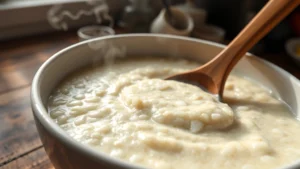 Close-up of creamy stone-ground grits in a white bowl with steam rising, wooden spoon stirring, soft natural morning light streaming across rustic kitchen counter, no text visible