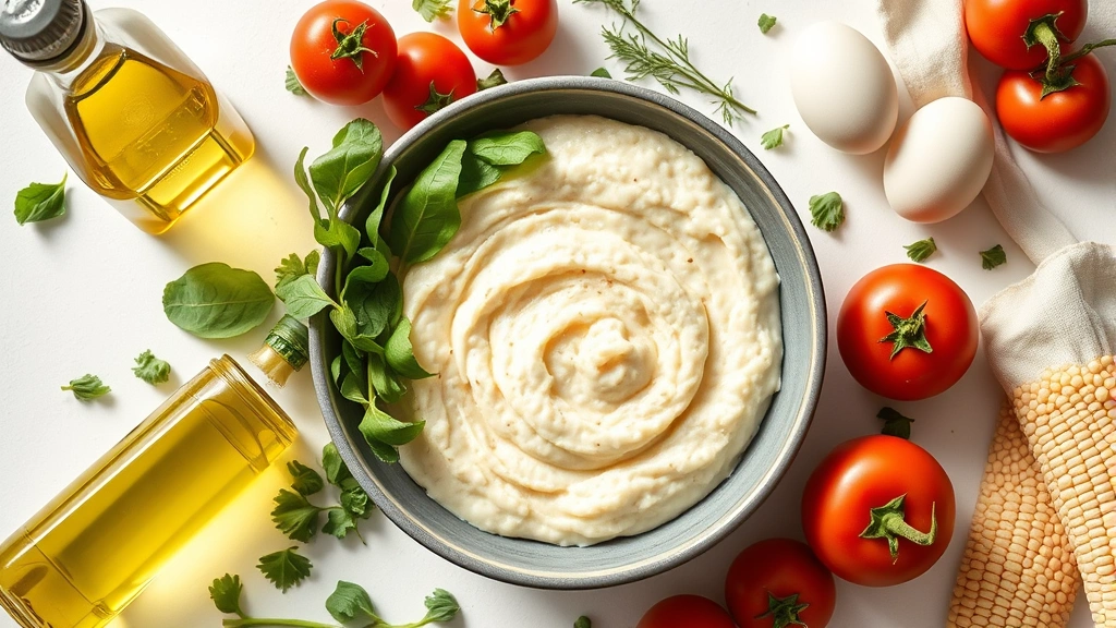 Overhead flat lay of ingredients surrounding a bowl of grits: fresh vegetables like spinach and tomatoes, eggs, herbs, olive oil bottle, whole grain corn, bright natural lighting, clean minimalist composition
