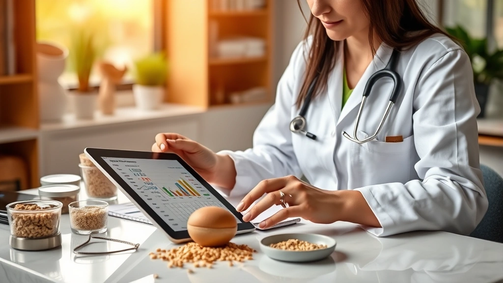 Nutritionist reviewing food charts and grain samples on modern desk with tablet displaying nutritional data, professional healthcare setting, warm professional lighting, focus on grains and measurement tools