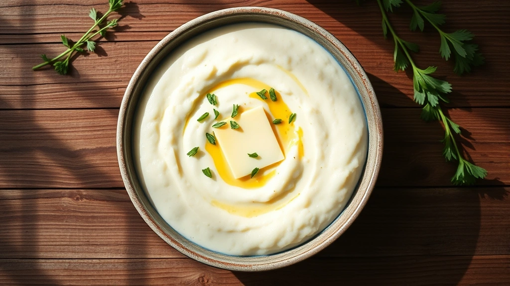 Overhead flat lay of a steaming bowl of creamy white grits garnished with fresh herbs and a pat of butter melting on top, shot on rustic wooden table with natural morning light streaming across
