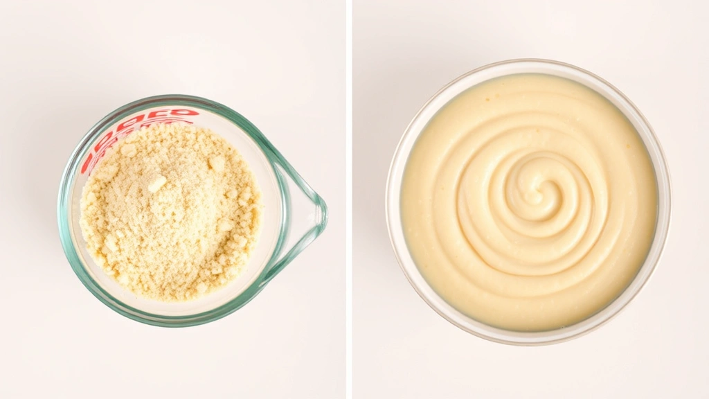 Split-screen comparison showing a measuring cup of dry cornmeal on the left and a finished bowl of cooked grits on the right, demonstrating portion size and texture transformation with neutral background