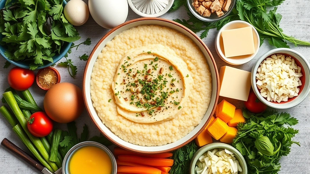 Colorful arranged ingredients around a central bowl of grits including fresh vegetables, eggs, herbs, cheese, and lean protein sources showing healthy topping options, shot from above with natural daylight