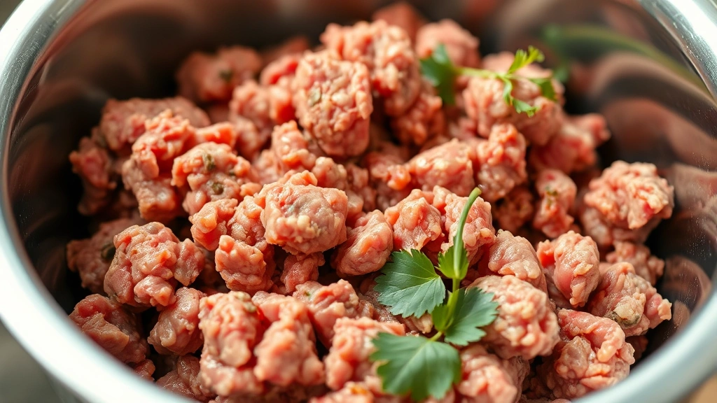 Close-up of raw ground beef in a stainless steel bowl with natural lighting, showing texture and color variation, no text or labels visible