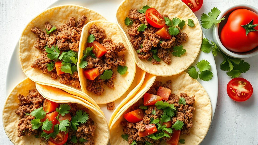 Overhead flat lay of prepared ground beef tacos with fresh vegetables like lettuce and tomatoes on a white plate, vibrant colors, natural daylight photography