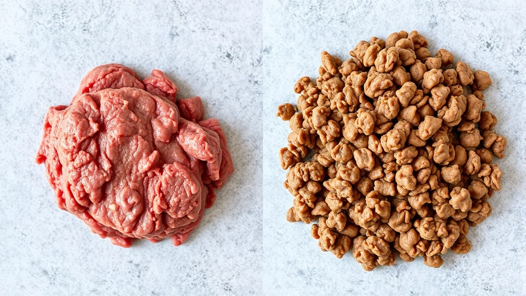 Split-screen comparison showing ground beef at different stages: raw on one side, cooked brown ground beef on the other, professional food photography styling