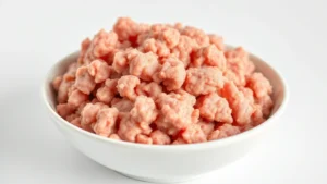 Raw ground turkey meat in white ceramic bowl, vibrant pink color, professional food photography, minimalist white background, natural lighting highlighting texture and freshness, macro detail of meat grains
