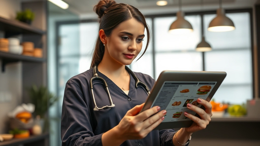 Professional dietitian reviewing nutritional data on tablet with fresh burger ingredients visible in background, modern clinic setting, warm professional lighting, focused analytical expression