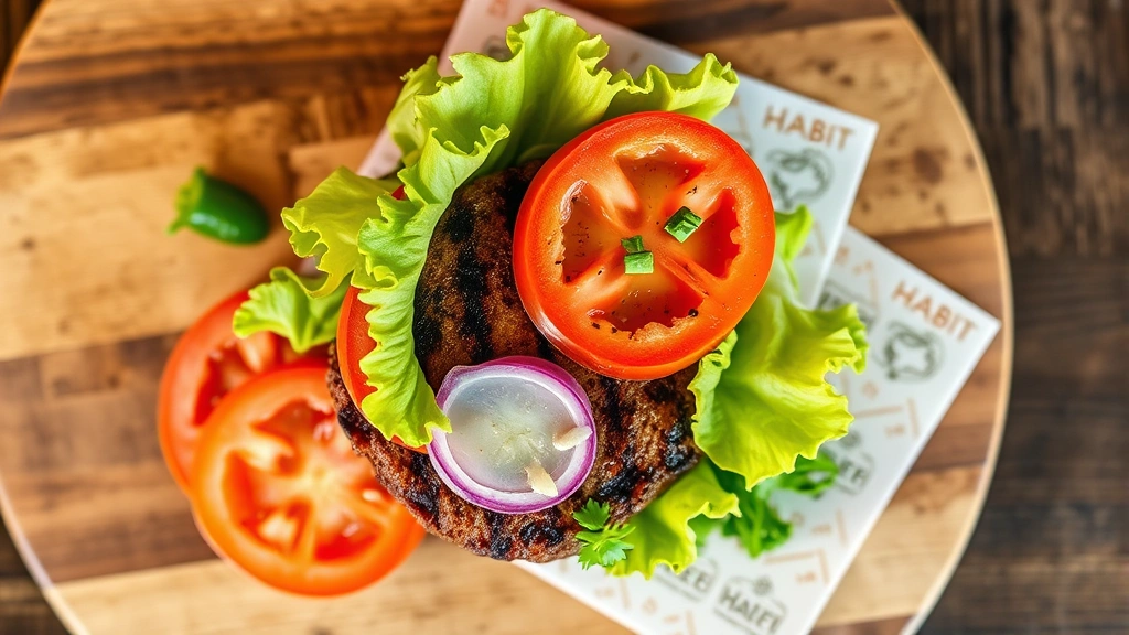 Overhead shot of Habit Burger charburger with fresh vegetables, lettuce, and tomato slices artfully arranged, charred burger patty visible, wooden serving board, natural daylight